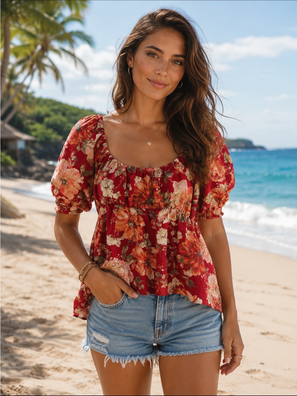 Posse  Linen blend Boho Red Floral Puff Sleeve Top SZ M